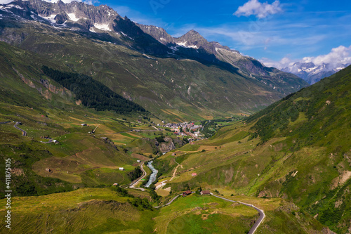 Aerial view of the Realp village and the Reuss river in Switzerland