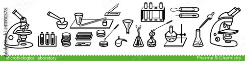 Set of microbiological lab icons. Miscellaneous laboratory devices and equipment. Vector Illustration