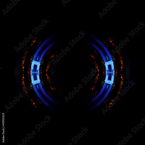 Vivid abstract background. Beautiful design of rotation frame. .Mystical portal. Bright sphere lens. Rotating lines. Glow ring. .Magic neon ball. Led blurred swirl. Spiral glint lines. HUD