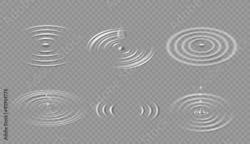 Drops and ripples. Circular wave on water surface. Falling dripping droplet and concentric circle splash in puddle. Liquid ripple vector set side view. Spiral movement of fluid isolated on transparent