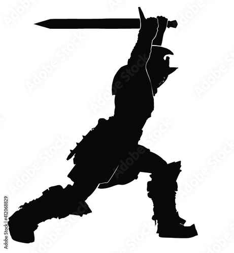 A black silhouette of a gladiator in a helmet, with a sword in his hands, makes a deadly swing. 2d illustration