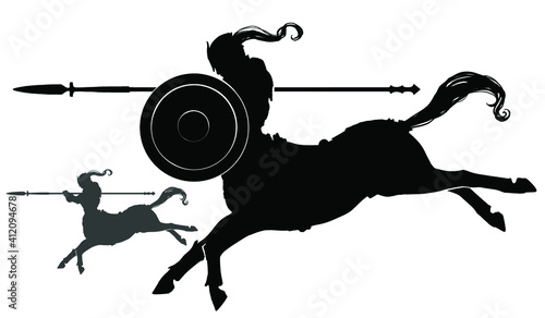 The black silhouette of a centaur knight with a shield and spear galloping forward, preparing to attack, wearing a helmet with a tail, his hooves in armor. 2d illustration
