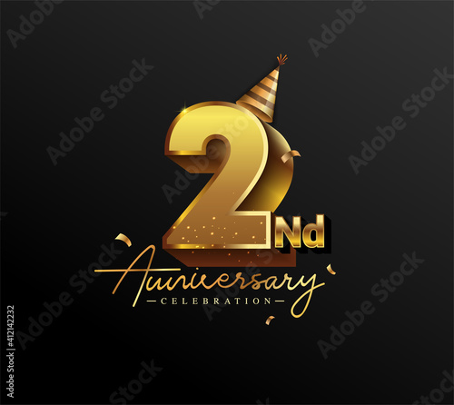 2nd Anniversary Logotype with Gold Confetti Isolated on Black Background, Vector Design for Greeting Card and Invitation Card