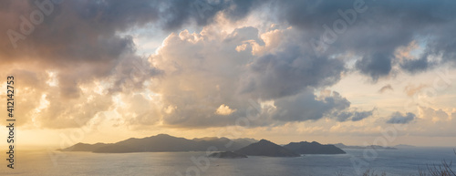 Sunset view of Praslin Island from Belle Vue La Digue in the Seychelles