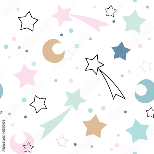  Cute doodle style hearts, rainbows, seamless vector pattern. The marker drew various stars, comets, the moon, shapes and silhouettes. Hand drawn