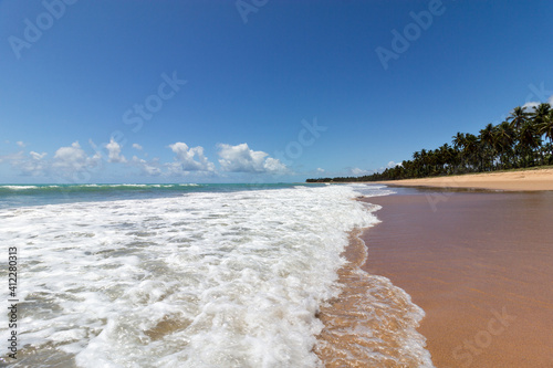 beautiful deserted beach of green waters with waves in the foreground and blue sky in the background
