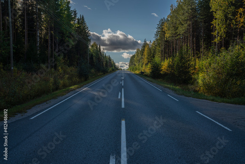 Road traveling the boreal forest showing upward slope with hills in the back