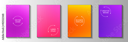 Dynamic point faded screen tone title page templates vector set. School brochure perforated screen