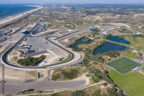 Drone view of the renewed formula 1 circuit Zandvoort. Next year will be the first Formula 1 race after 35 years. This has been postponed for the Covid virus