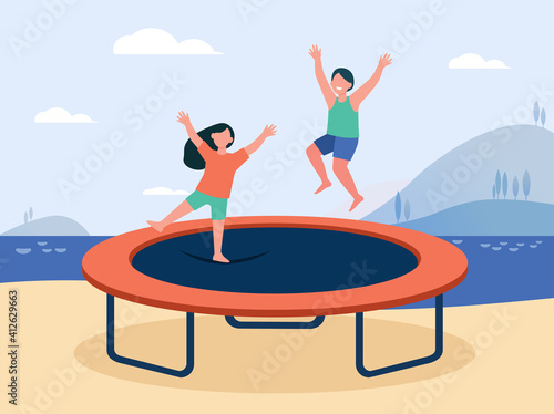 Happy children jumping on trampoline and smiling. Beach, weekend, vacation flat vector illustration. Entertainment and fun concept for banner, website design or landing web page