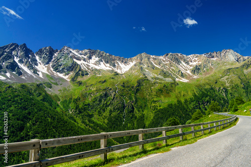 Passo Gavia, mountain pass in Lombardy, Italy, to Val Camonica at summer