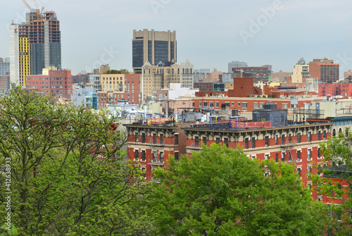 Urban spring landscape of South Harlem and Morningside Park from Morningside Drive in Morningside Heights. New York City