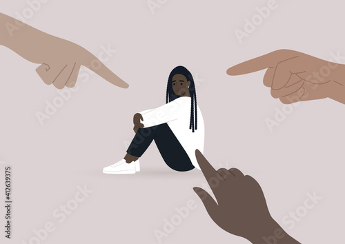 Victim blaming, cyberbullying, and other forms of public judgement, a young female Black character surrounded by pointing fingers