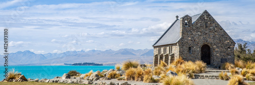 Tekapo New Zealand Church of the Good Shepherd. Historic Building Landmark in at lake Tekapo New Zealand. Travel Destiantion Tekapo Canterbury, New Zealand