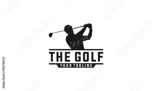 logo for golf with illustration of a golfer hitting a golf ball