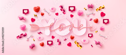 Love You Card or Banner with symbol of arrow love script over you word and valentine elements on pink background.Promotion and shopping template for love and Valentine's day in flat lay style.