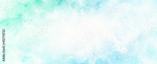 blue green and white background of watercolor clouds texture, abstract painted white smoke or haze in blotches and blobs on pastel blue green border