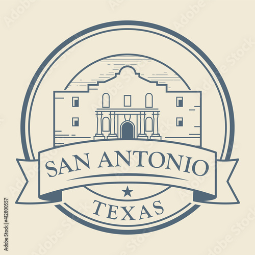 Stamp or label with Alamo Mission in San Antonio, Texas