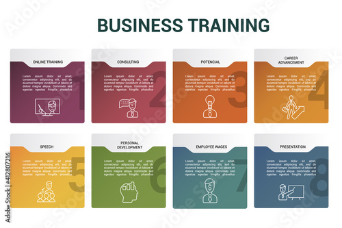 Infographic Business Training template. Icons in different colors. Include Online Training, Consulting, Potencial, Career Advancement and others.