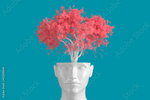 The concept of self-knowledge and personal growth. The white head of a woman in the form of a flower pot from which a tree grows. 3d illustration