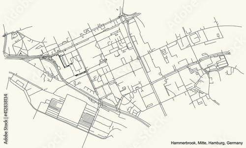 Black simple detailed street roads map on vintage beige background of the neighbourhood Hammerbrook quarter of the Hamburg-Mitte borough (bezirk) of the Free and Hanseatic City of Hamburg, Germany