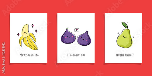 Collection of cards with fruits, berries and funny phrases. Set of illustrations with cute fruits - banana, figs and pear