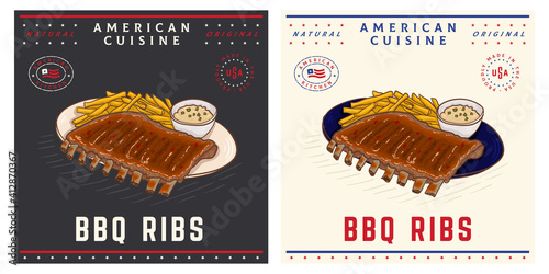 BBQ ribs with french fries vintage illustration