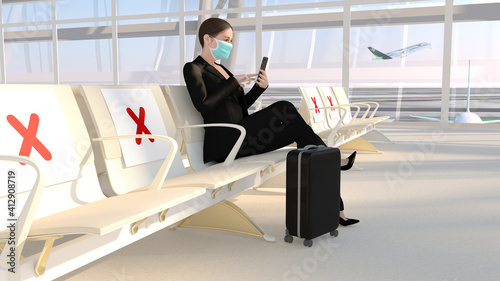 Mesures sanitaire liées au COVID-19 à l'aéroport. Une femme d'affaires portant un masque est assise et attend l'avion. Rendu 3D. La femme est un objet 3D.