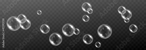 Vector soap bubble. Realistic soap bubble png, glare. Foam bubbles png. Powder, soap, detergent. Vector image. 
