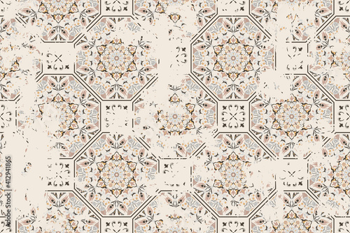Seamless vintage pattern with an effect of attrition. Patchwork carpet. Hand drawn seamless abstract pattern from tiles. Azulejos tiles patchwork. Portuguese and Spain decor.