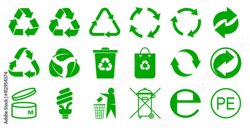 Set of packaging products design symbol, green color recycling and recycling sign isolated on white background