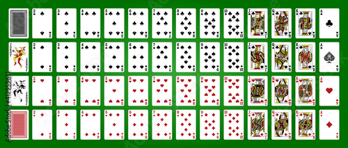 Playing cards, simplified version. Poker set with isolated cards. Poker playing cards, full deck.