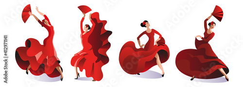 Four women in red dresses with fans dance flamenco. Vector illustration.