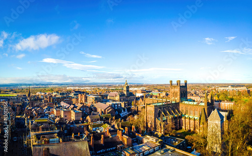 Aerial view of Chester, a city in northwest England, known for its extensive Roman walls made of local red sandstone