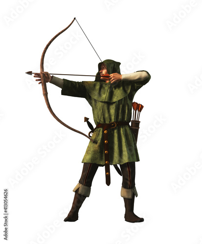 Robin Hood the outlaw archer of medieval England draws back and arrow.  This legendary hero of folklore  is clad in green and is armed with sword and long bow. 3D rendering.