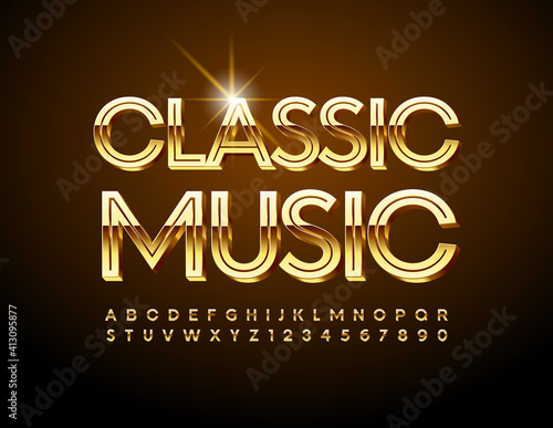Vector chic Sign Classic Music. 3D Gold Font. Luxury Alphabet Letters and Numbers