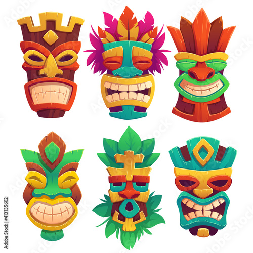 Tiki masks, tribal wooden totems, hawaiian or polynesian style attributes, scary faces with toothy mouth, decorated with leaves isolated on white background. Cartoon vector illustration, icons set