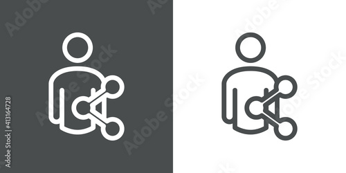 Logotipo con hombre con símbolo compartir en red social con lineas en fondo gris y fondo blanco