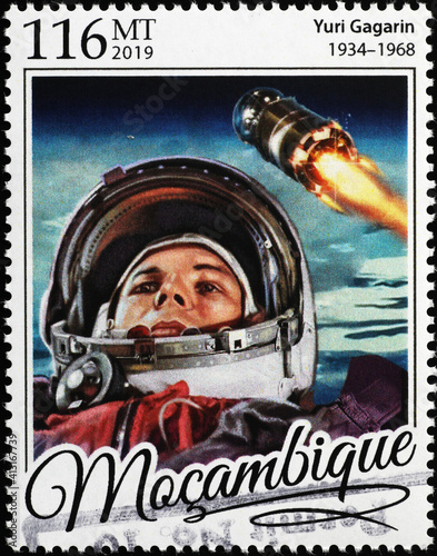 Cosmonaut Yuri Gagarin on postage stamp of Mozambique