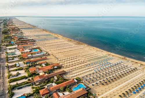 Aerial view of the Marina di Pietrasanta beach in the early morning, Tuscany, Italy.