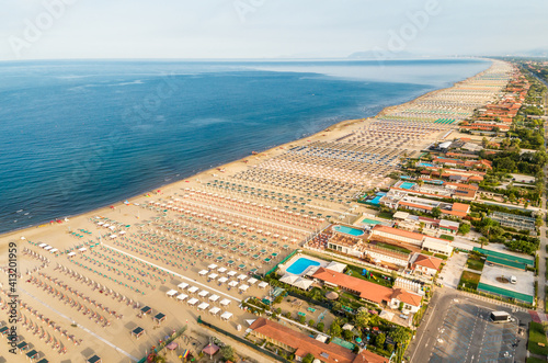 Aerial view of the Marina di Pietrasanta beach in the early morning, Tuscany, Italy.