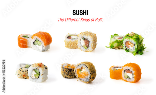 Different kinds of sushi rolls isolated on white background
