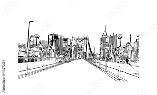 Building view with landmark of Pittsburgh is the city in Pennsylvania. Hand drawn sketch illustration in vector.