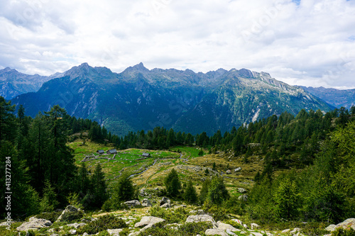 View over the alp Corte di Mognola to the Pizzo di Roed mountain range, Switzerland