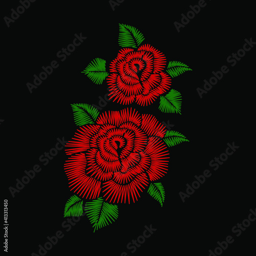 red rose vector with embroidered style on black background design flat