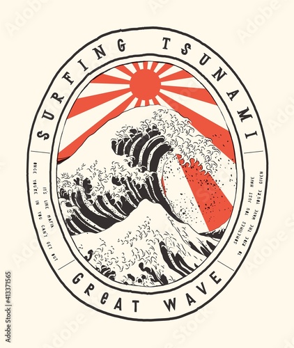 Surfing great wave off Kanagawa under the rays of the rising sun of empire. Vintage Japanese surfing typography t-shirt print.