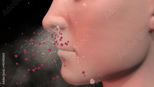 Human nose exhaling particles , bioaerosols , viruses and germs. Microbes exiting nasal passage of person. 3d render illustration
