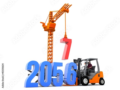 3D illustration of number 2057 with forklift and crane