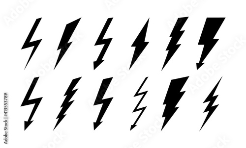 Set of thunderbolt and lightning icons. Vector simple icons in flat style. Lightning silhouettes isolated on white background.