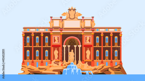 The Trevi Fountain flat illustration. Fontana di Trevi, a fountain in the Trevi district in Rome, Italy 
